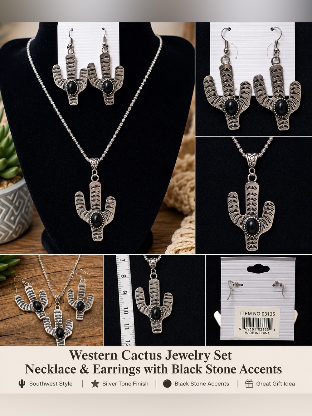 Western Black Cactus Jewelry Set Necklace Earrings Southwest Boho
